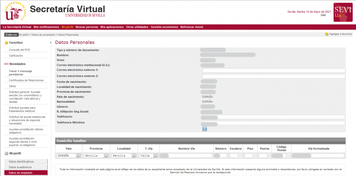 Captura de pantalla del formulario para la actualización de los datos como empleado